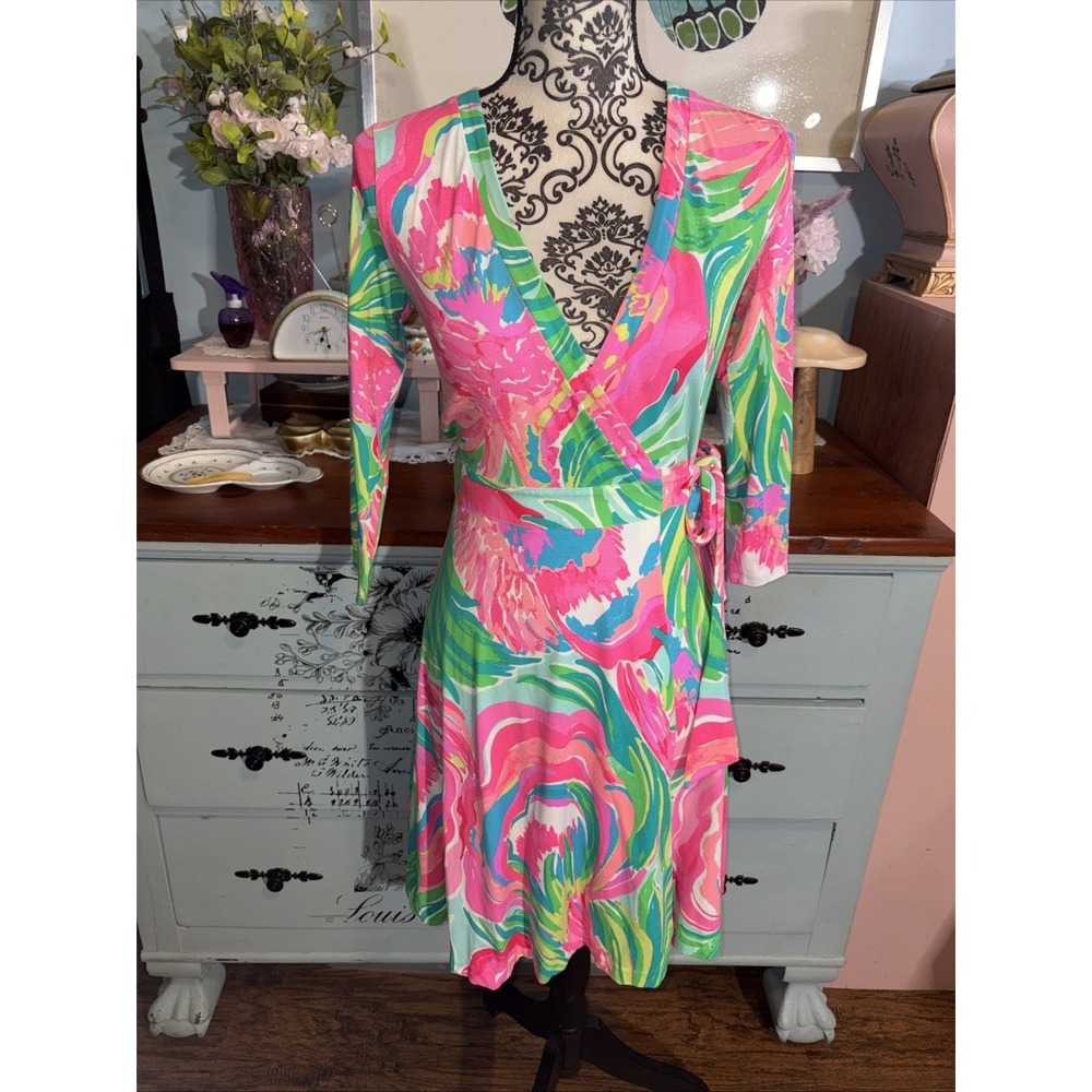 NWOT Lilly Pulitzer Emilia wrap dress stretch jersey knit tropical XXS